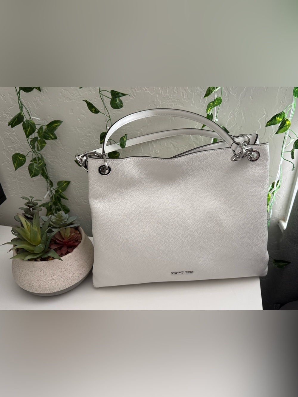 Emporio Armani White Leather Shoulder Tote with Silver Hardware